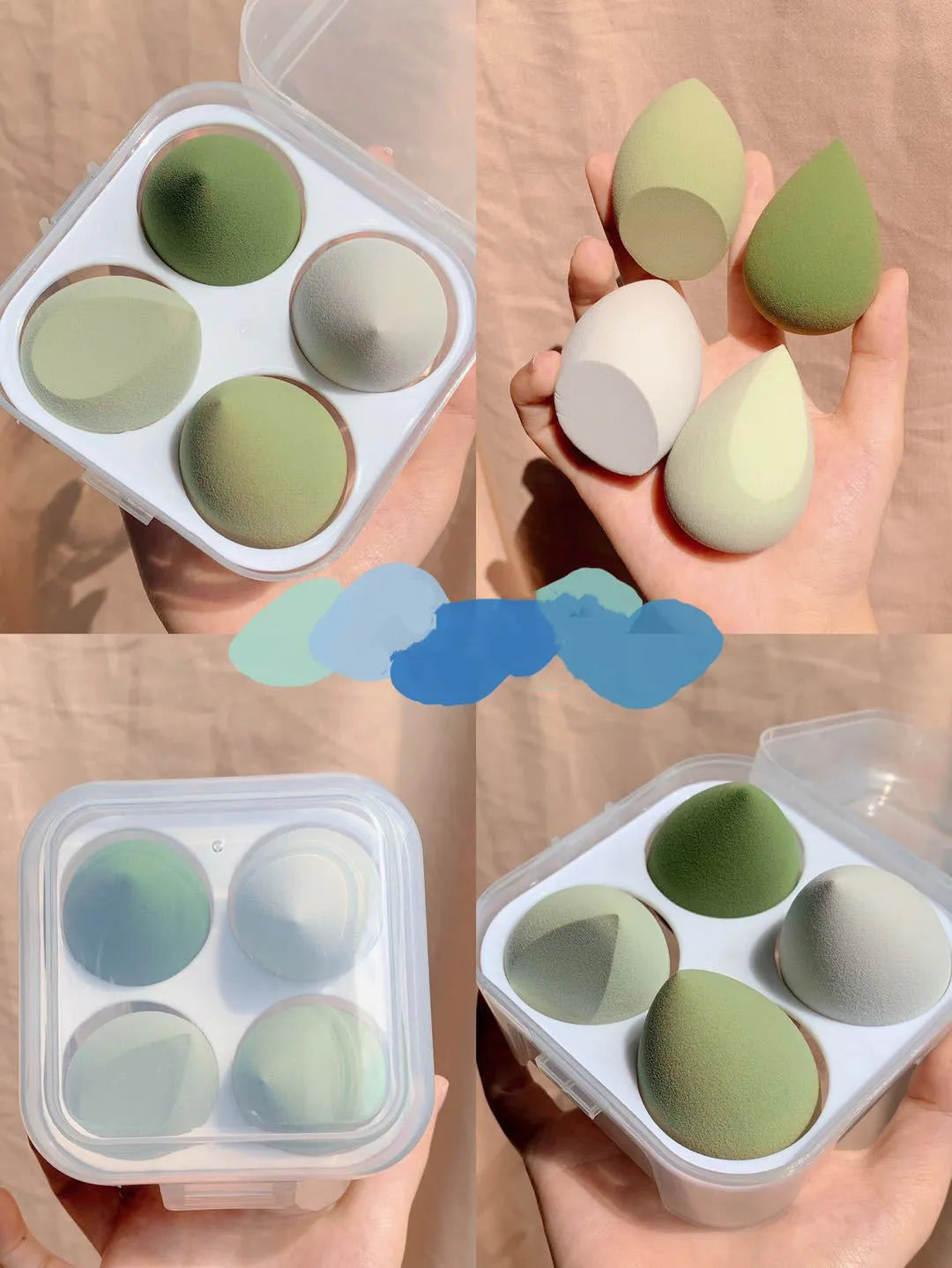 Four cosmetic sponge eggs in grape, mango, mint, and peach colours, each 6cm in size