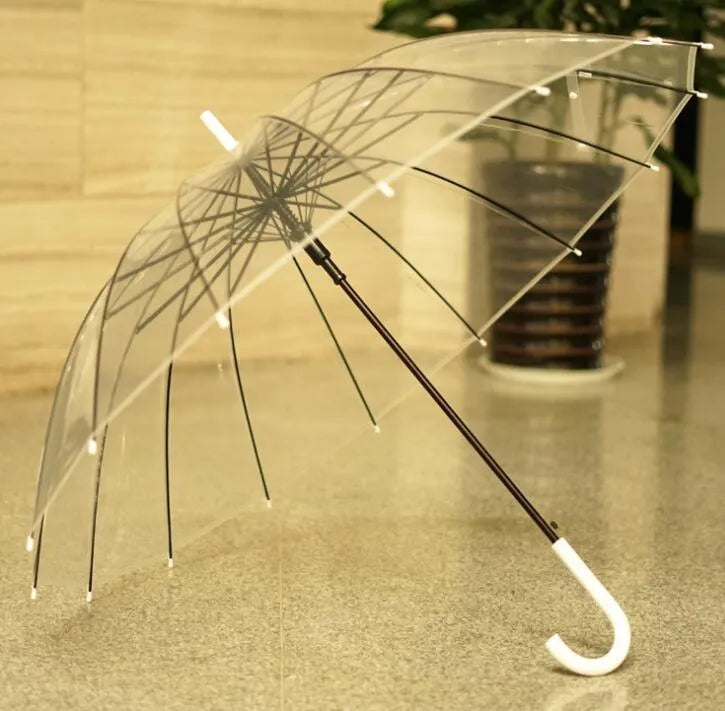 Big Long Handle 16 Rib Transparent Umbrella with POE Fabric Canopy Black Steel Skeleton ABS Plastic Handle for Rain Protection Black White Colour Options