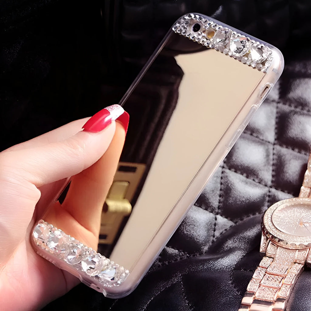 Rhinestone decorated silicone phone case for Huawei smartphones in gold, silver, and rose gold colours