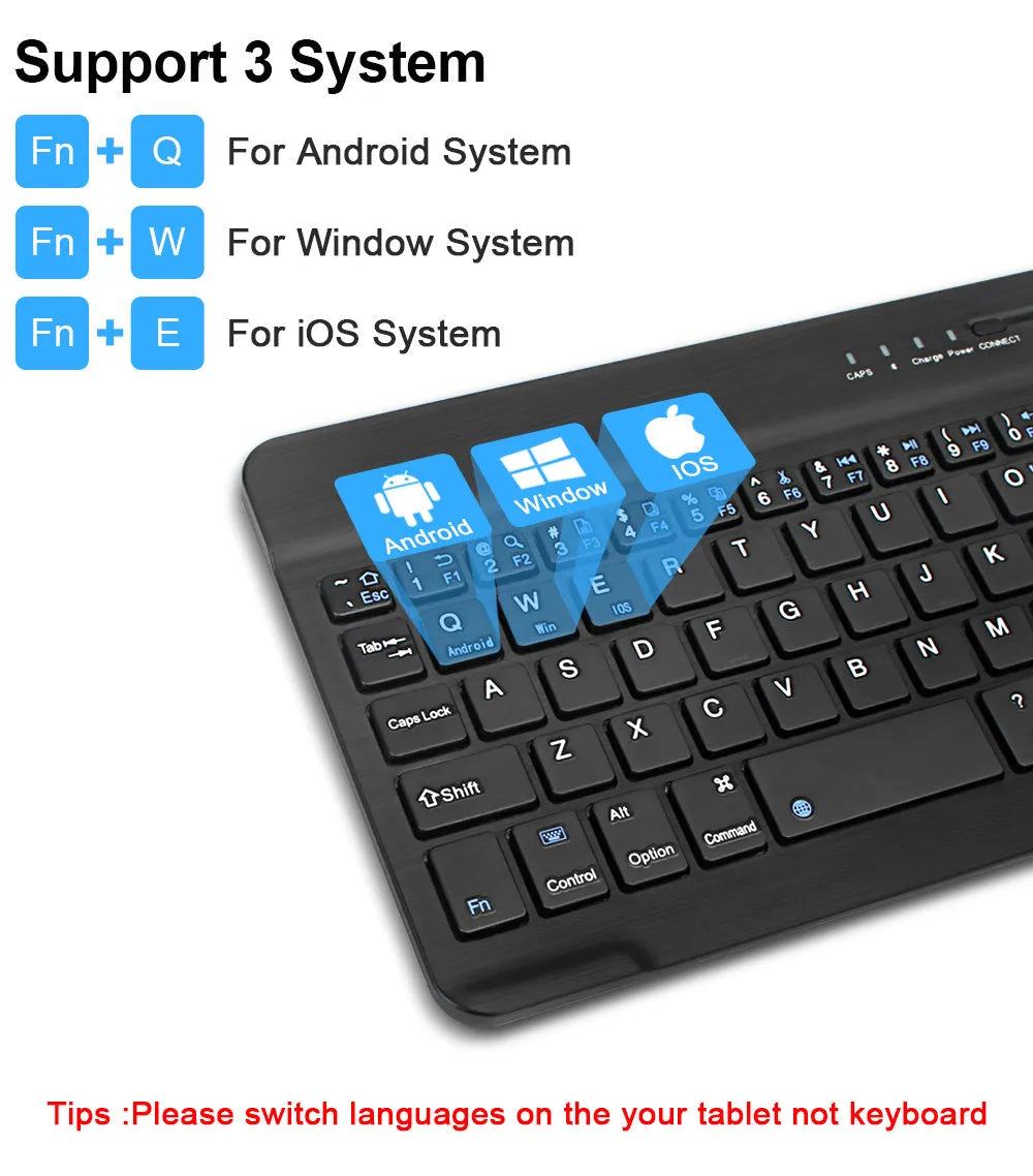 Black and white mini Bluetooth wireless keyboard shown in 7 inch, 9 inch, and 10 inch size options.
