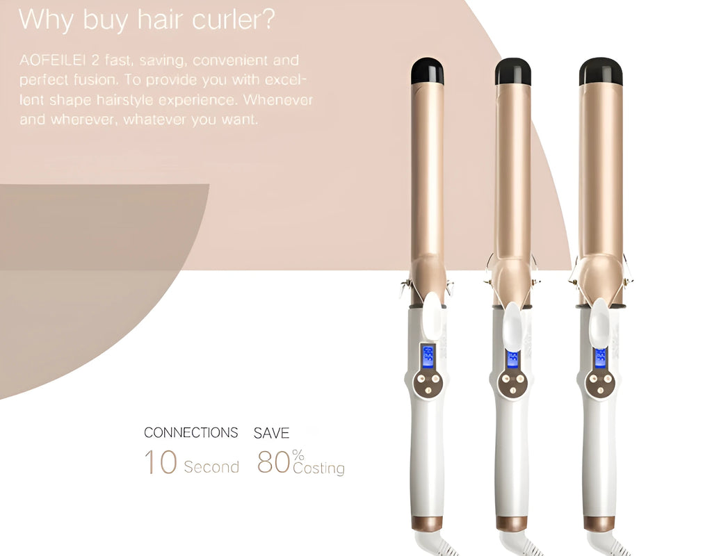 LCD curling iron with ceramic barrel and digital display, available in 19mm to 32mm sizes