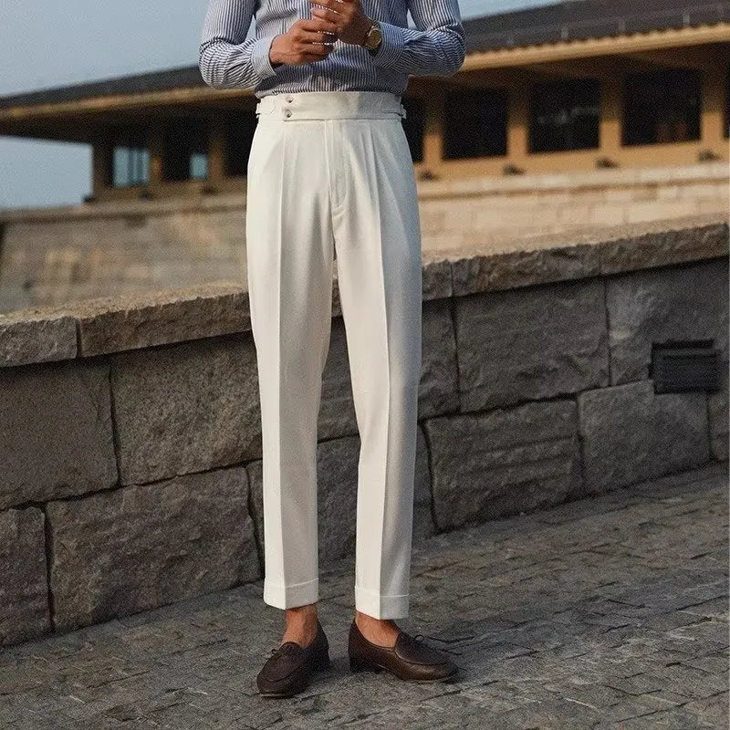 Men's slim fit straight leg formal trousers in apricot, black and white colours.