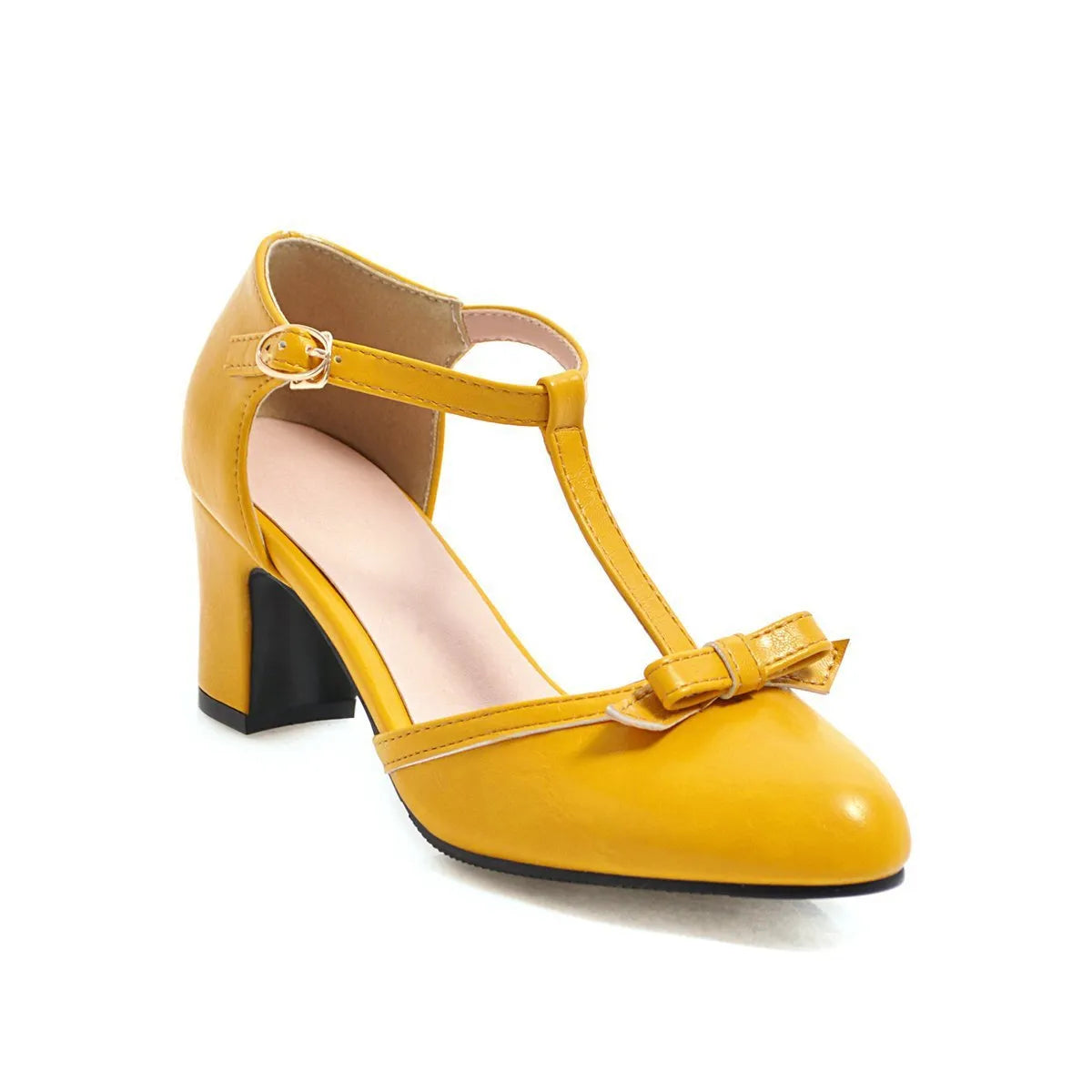 Women's apricot-coloured chunky heel sandals with a buckle strap and hollow-out round toe design.