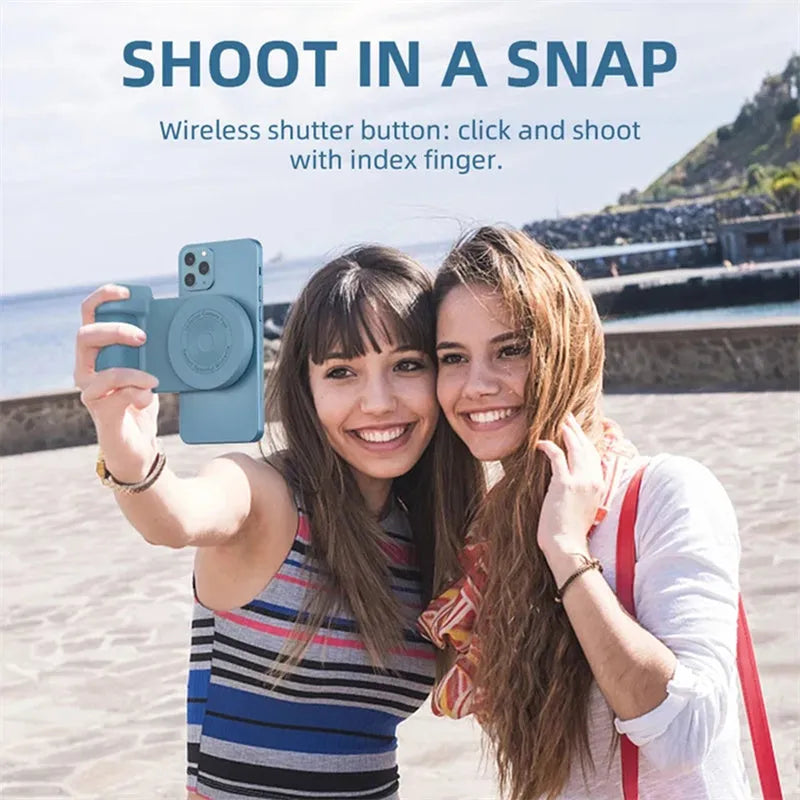 Black magnetic phone holder with ergonomic camera-style grip showing rotatable stand function