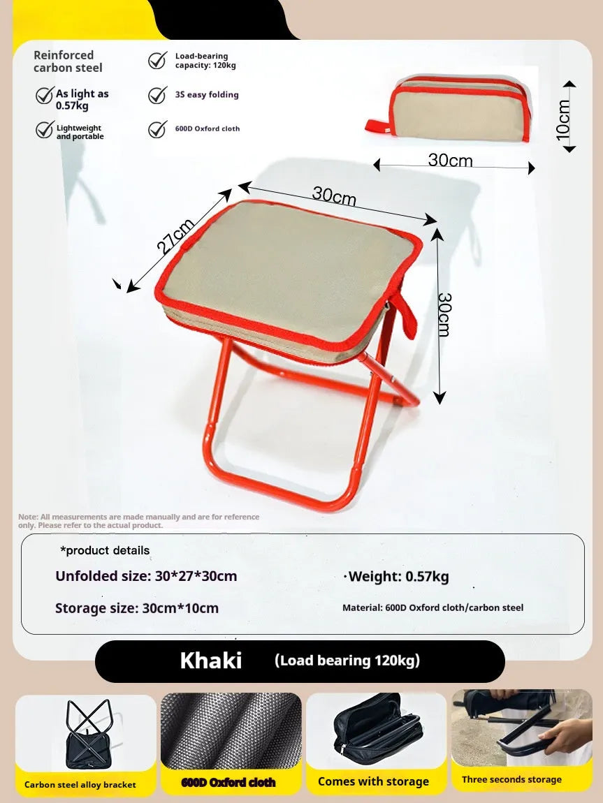 Lightweight foldable camp stool in Oxford cloth, shown in a khaki colour, folded for carrying.