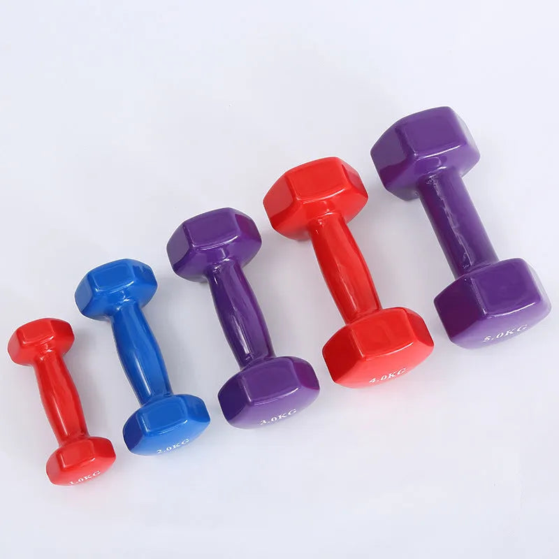 Colourful plastic-coated fitness dumbbells in bright colours for home workouts