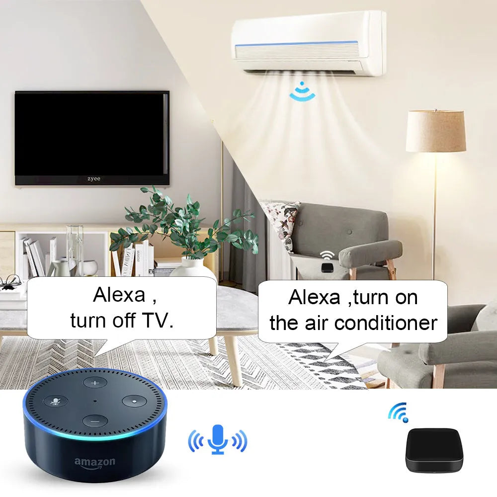 Black universal infrared remote control with voice command and WiFi connectivity.