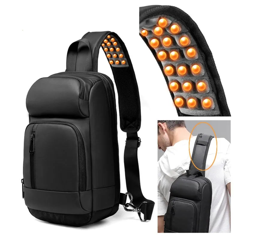 Black outdoor shoulder bag showing internal computer pocket and air cushion shoulder strap