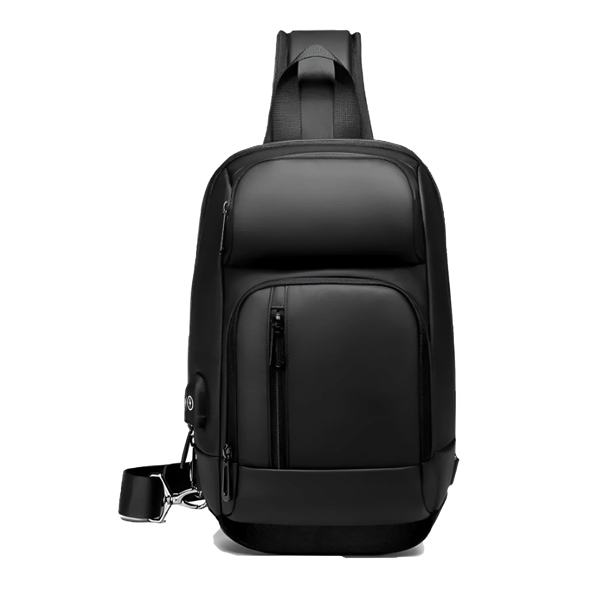 Black outdoor shoulder bag showing internal computer pocket and air cushion shoulder strap