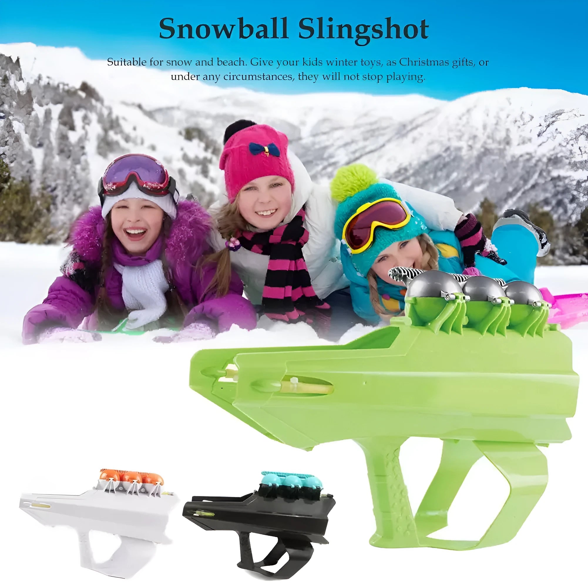 Plastic snowball clip launcher tool in black, green, and orange colours with strong rubber band