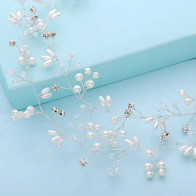 Gold crystal and pearl wedding hair band made with colour-preserving wire, shown at 50cm length.
