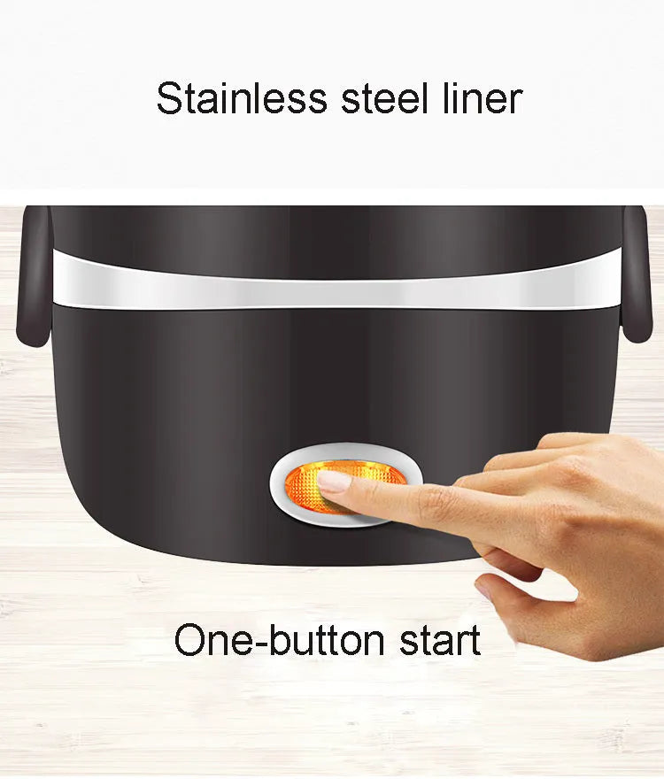 USB-powered portable electric lunch box showing three-layer 2L container with 190mm cubic dimensions