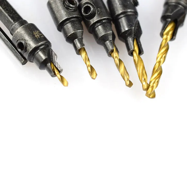 5-piece titanium-plated hexagon shank woodworking countersink drill set with sizes 5 6 8 10 12 mm and small wrench