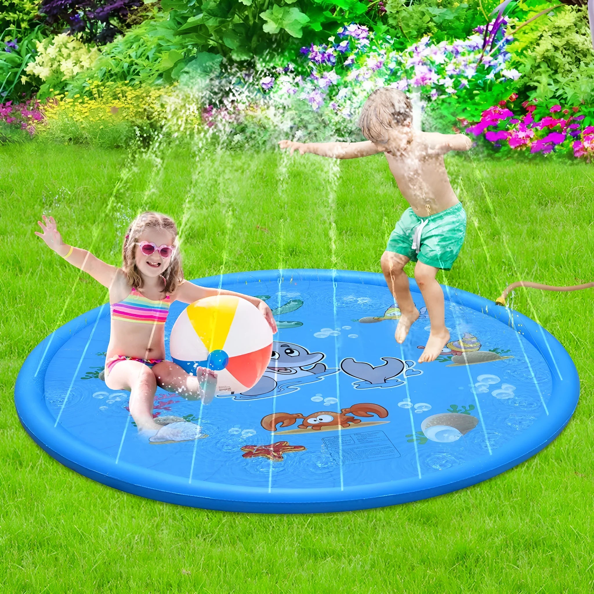 Blue PVC children's water spray play mat with marine animal designs for garden sprinkler play