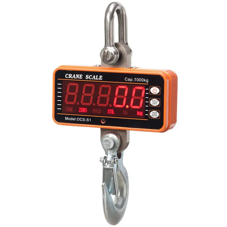 Orange electronic crane scale with digital display, maximum capacity 500 kg.