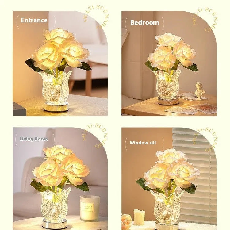 Crystal flowers design USB rechargeable table lamp with touch dimming control on wooden surface