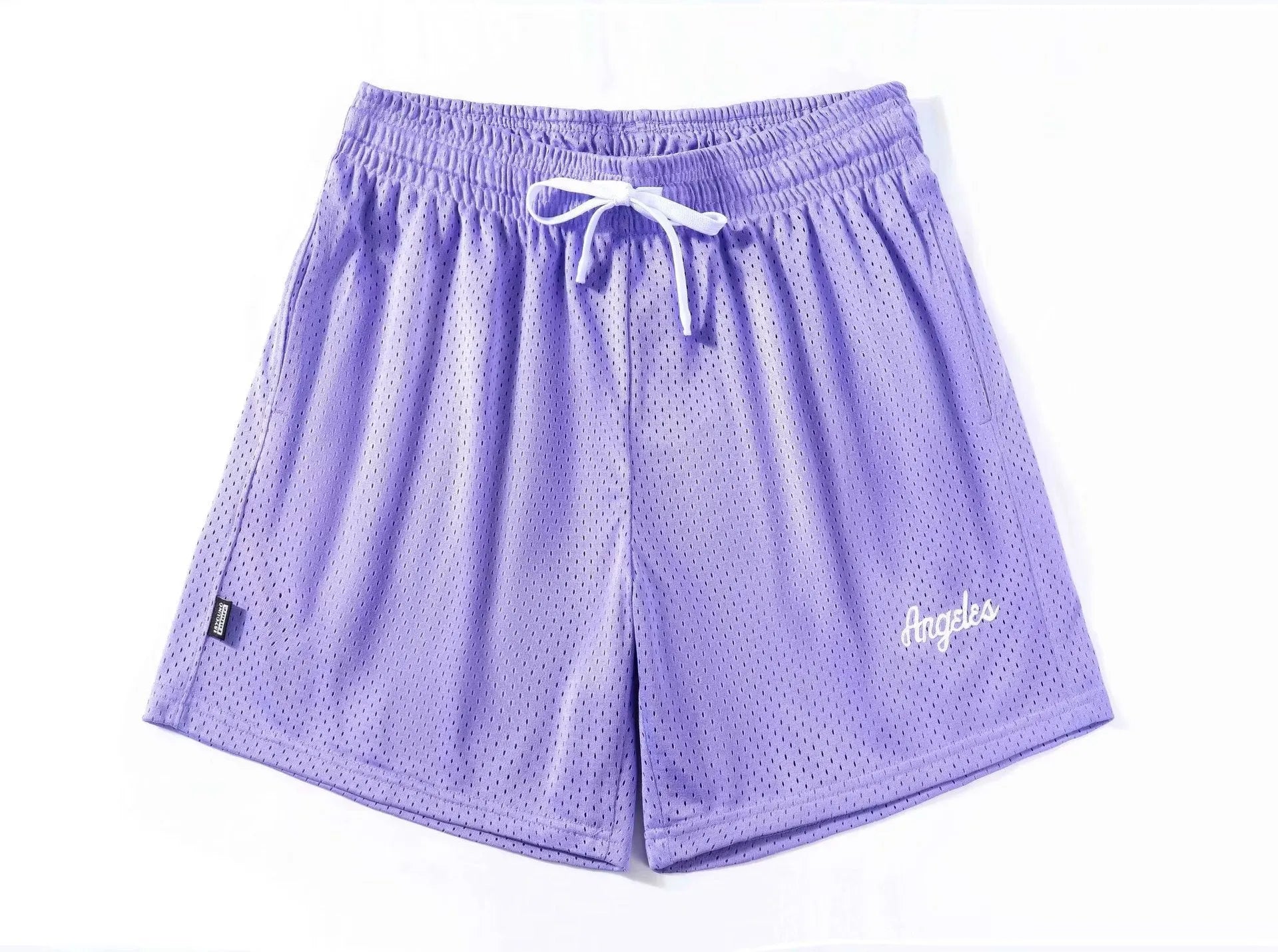 Men's personalised double-layer mesh sports shorts in multiple colours on a size chart.