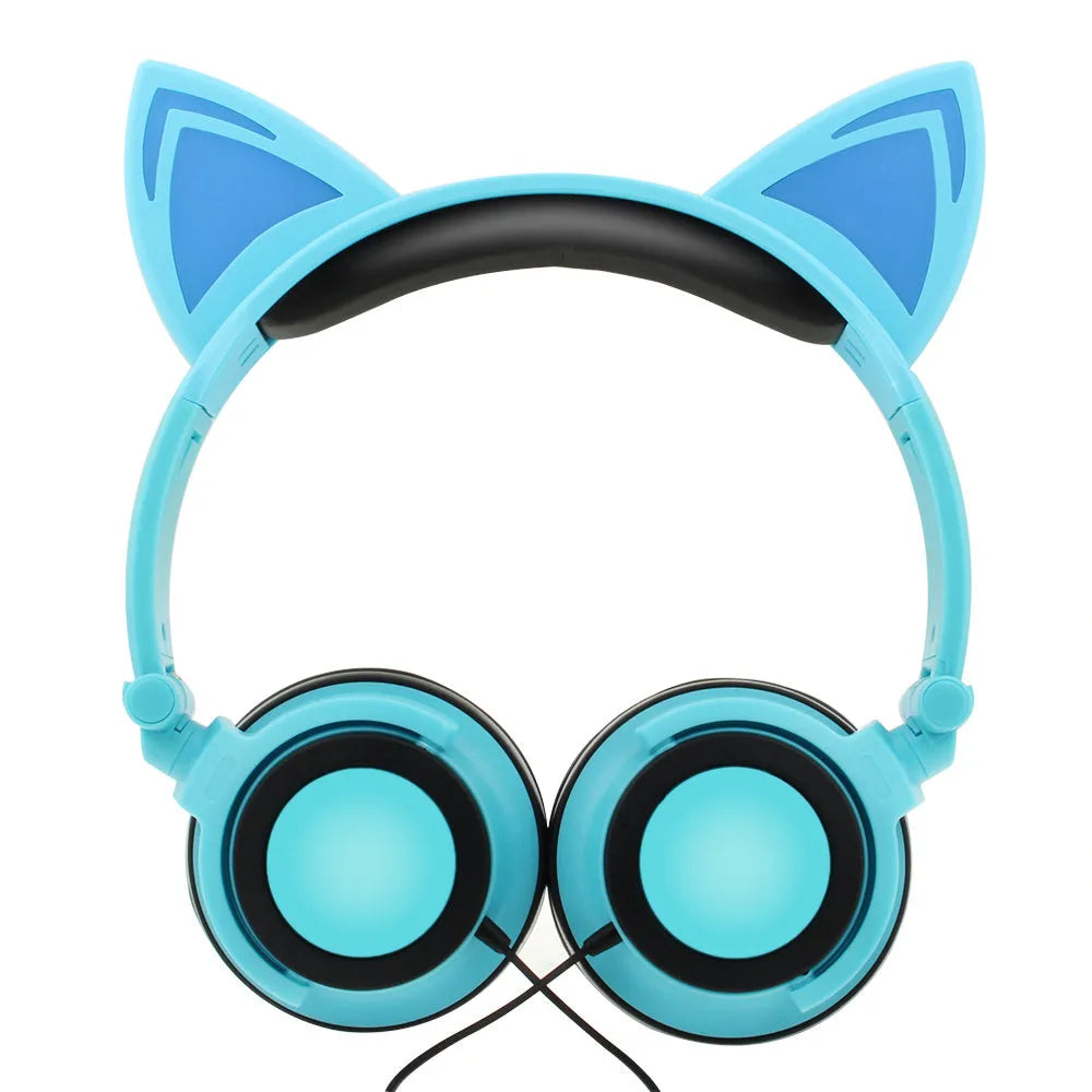 Colourful LED cat ear headphones with glowing ears and cushions, showing 3.5mm plug.
