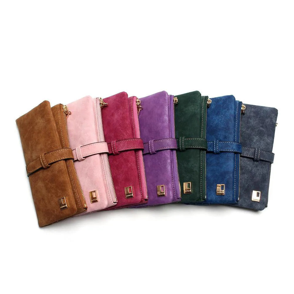 Korean retro matte Pu leather long wallet open showing card slots, note compartment and zip pocket