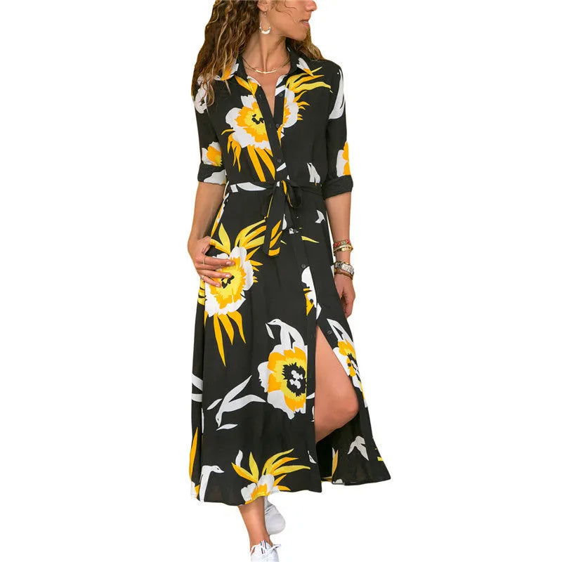 Women's vintage-inspired chiffon A-line dress with V-neck, high waist, and printed pattern.
