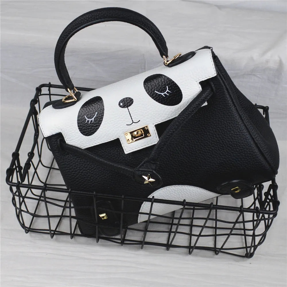 Panda print handbag in cowhide leather with sweet lady style animal pattern.