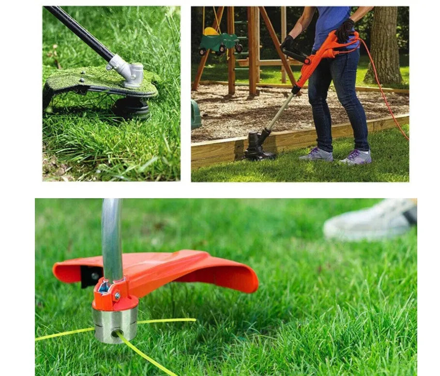 Silver aluminium lawn mower grass head accessory with four light yellow square grass ropes