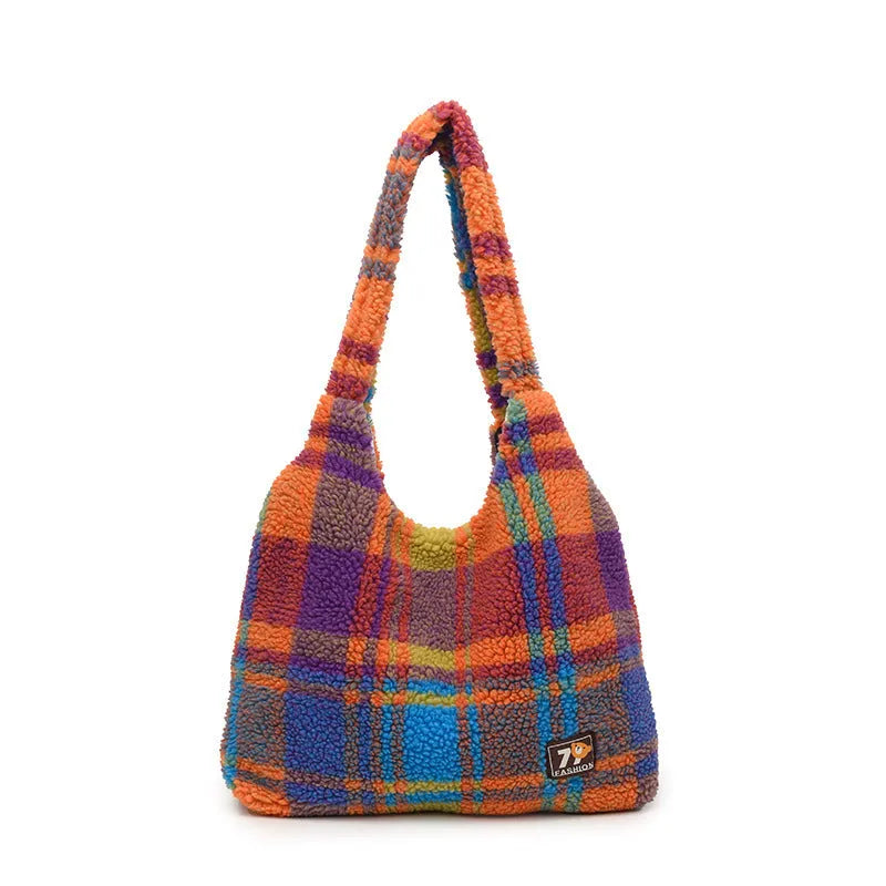 Women's plaid plush crossbody tote bag in Army Green, showing horizontal square shape and shoulder strap.