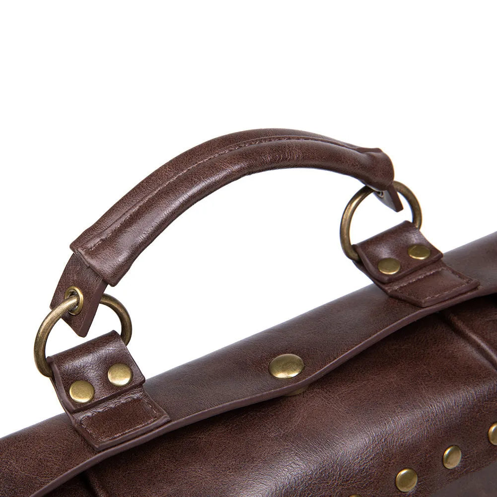 Bronze steampunk industrial retro style shoulder bag showing metal hardware details and pillow bag shape