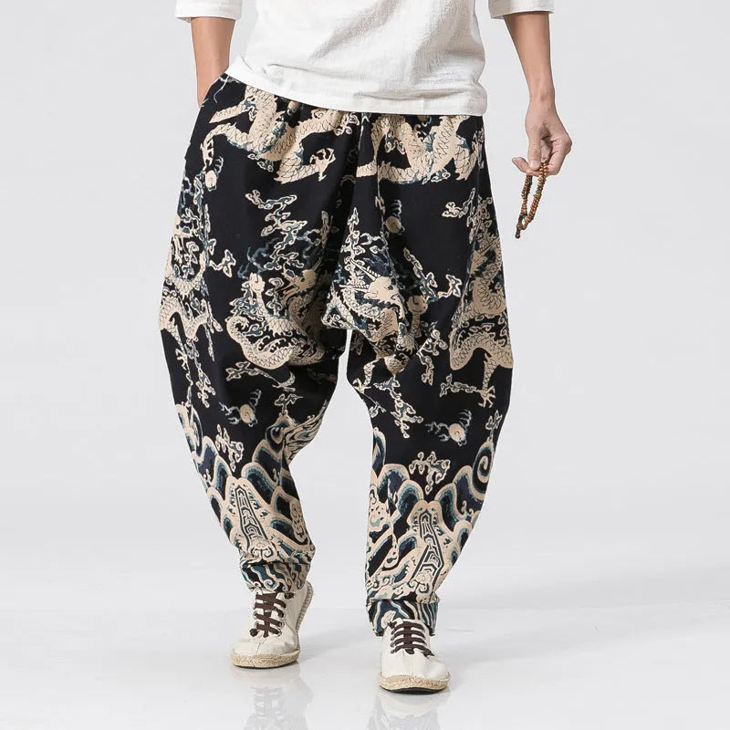 Men's dragon print harem pants with elastic waist and loose fit in multiple sizes from M to 3XL