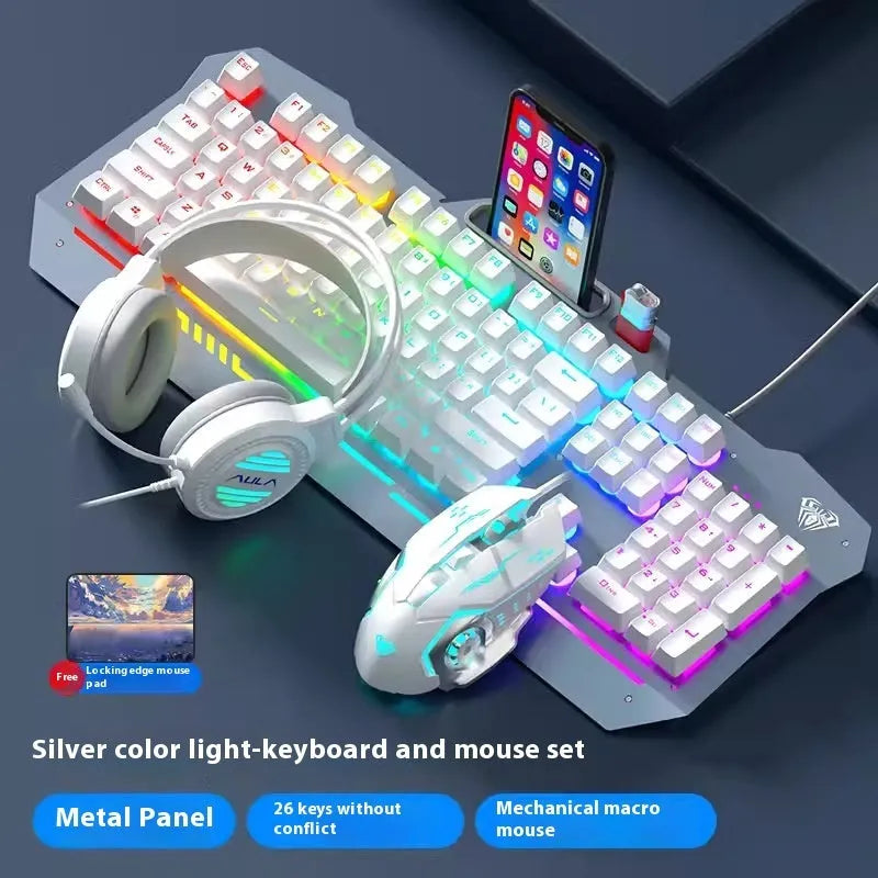 F3010 black and white metal gaming keyboard, mouse, and headset bundle with single-colour LED backlighting.