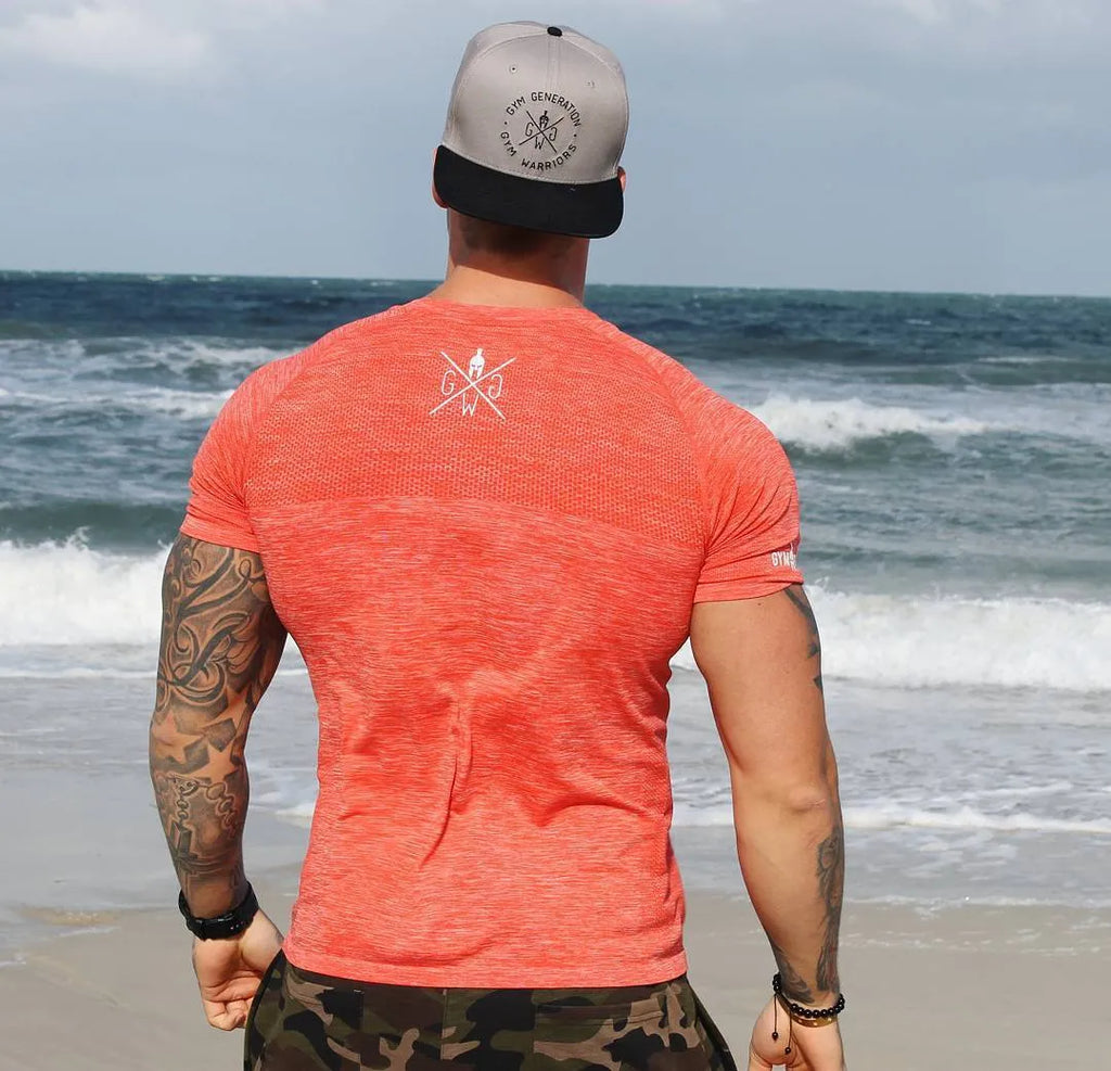 Men's short sleeve polyester workout top in blue, size M to 3XL, for gym training