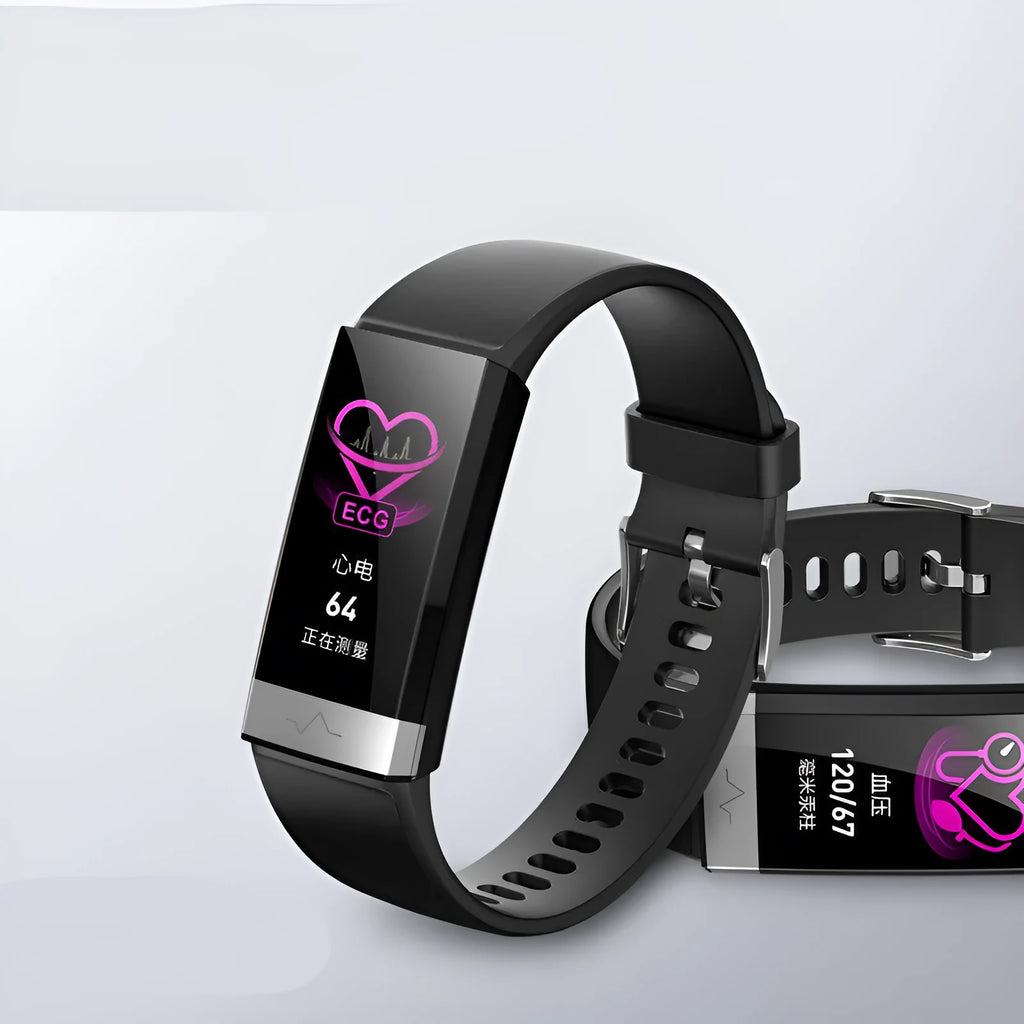 V19 smart health bracelet in black on wrist showing display with ECG, SpO2, and heart rate data.