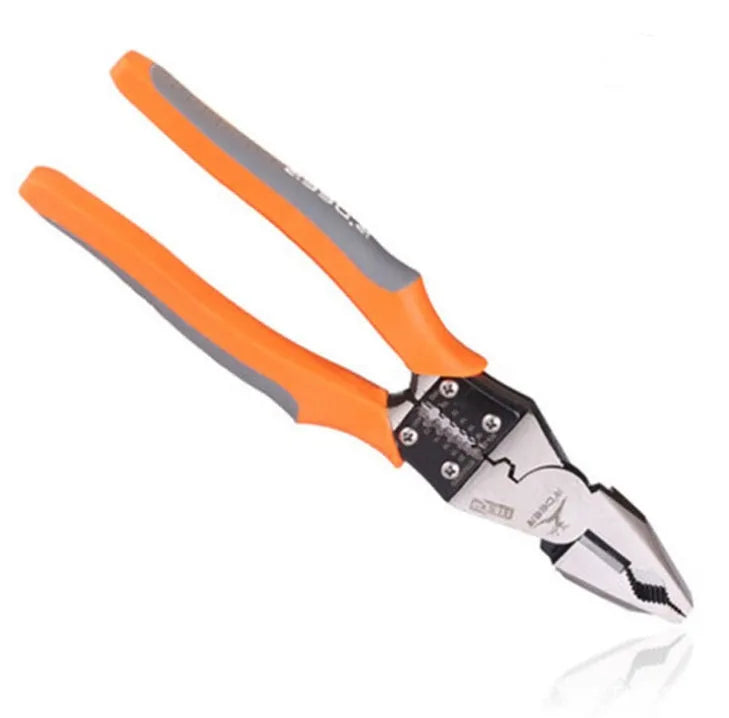 Orange-handled 9-inch multi-function wire cutter pliers with chrome steel clamp head