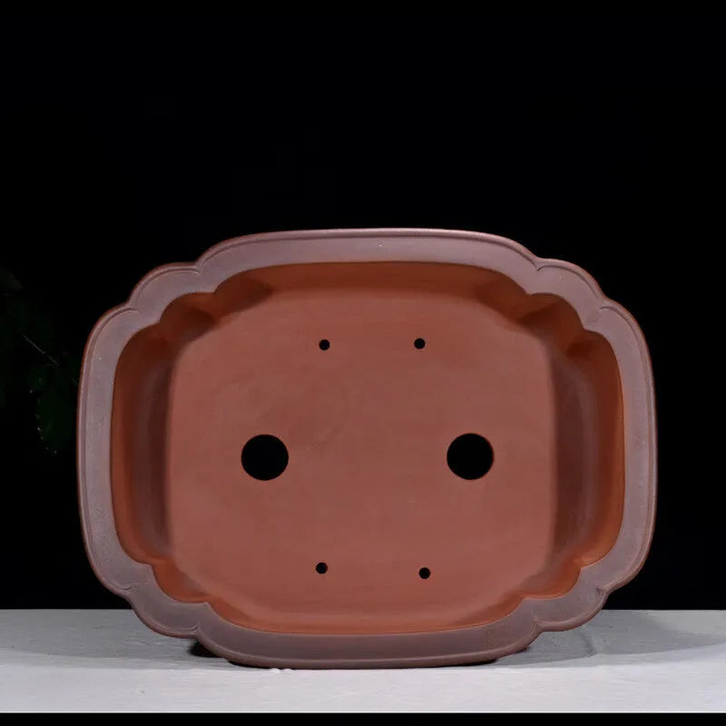 Large rectangular antique-finish purple clay flower pot in Chinese style.