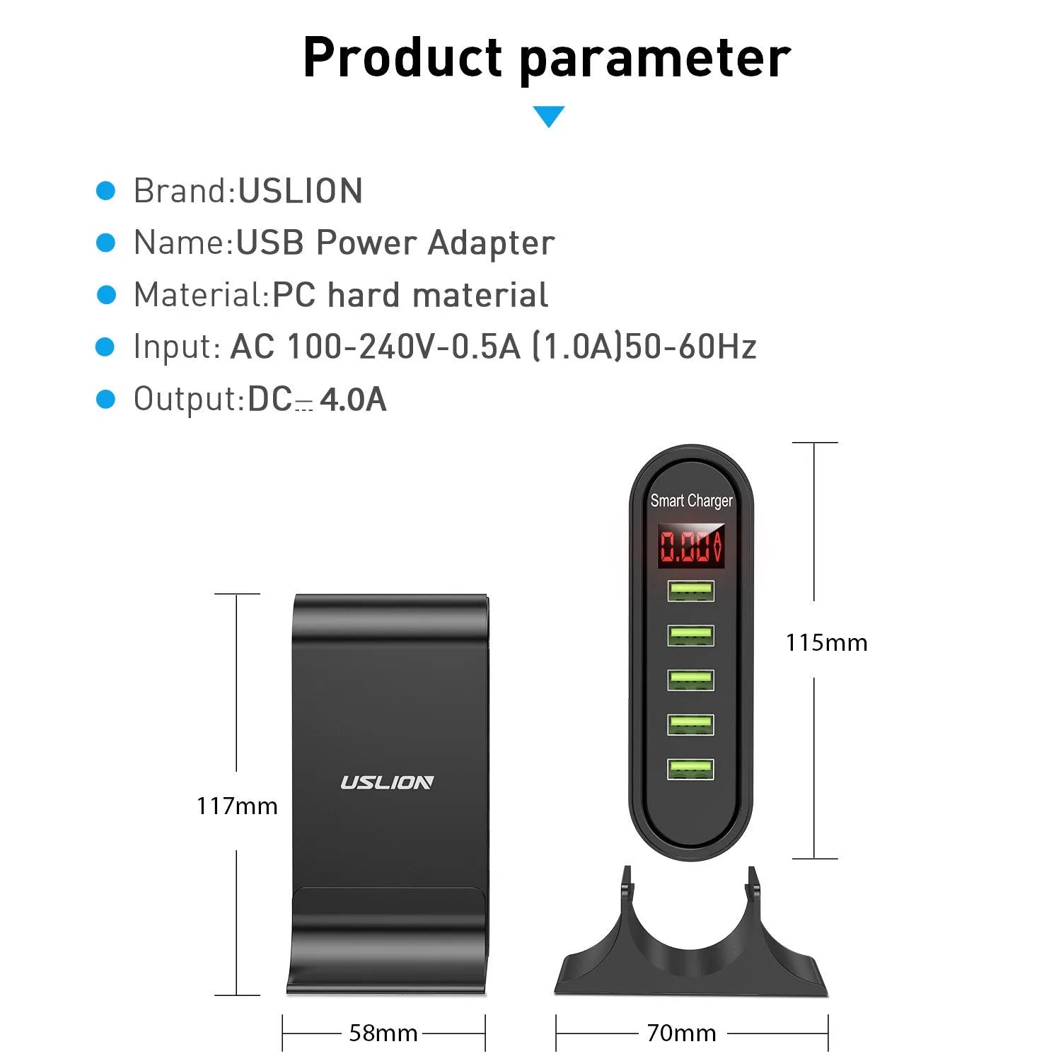 Smart LED digital display USB charger showing voltage and amperage with black or white colour options