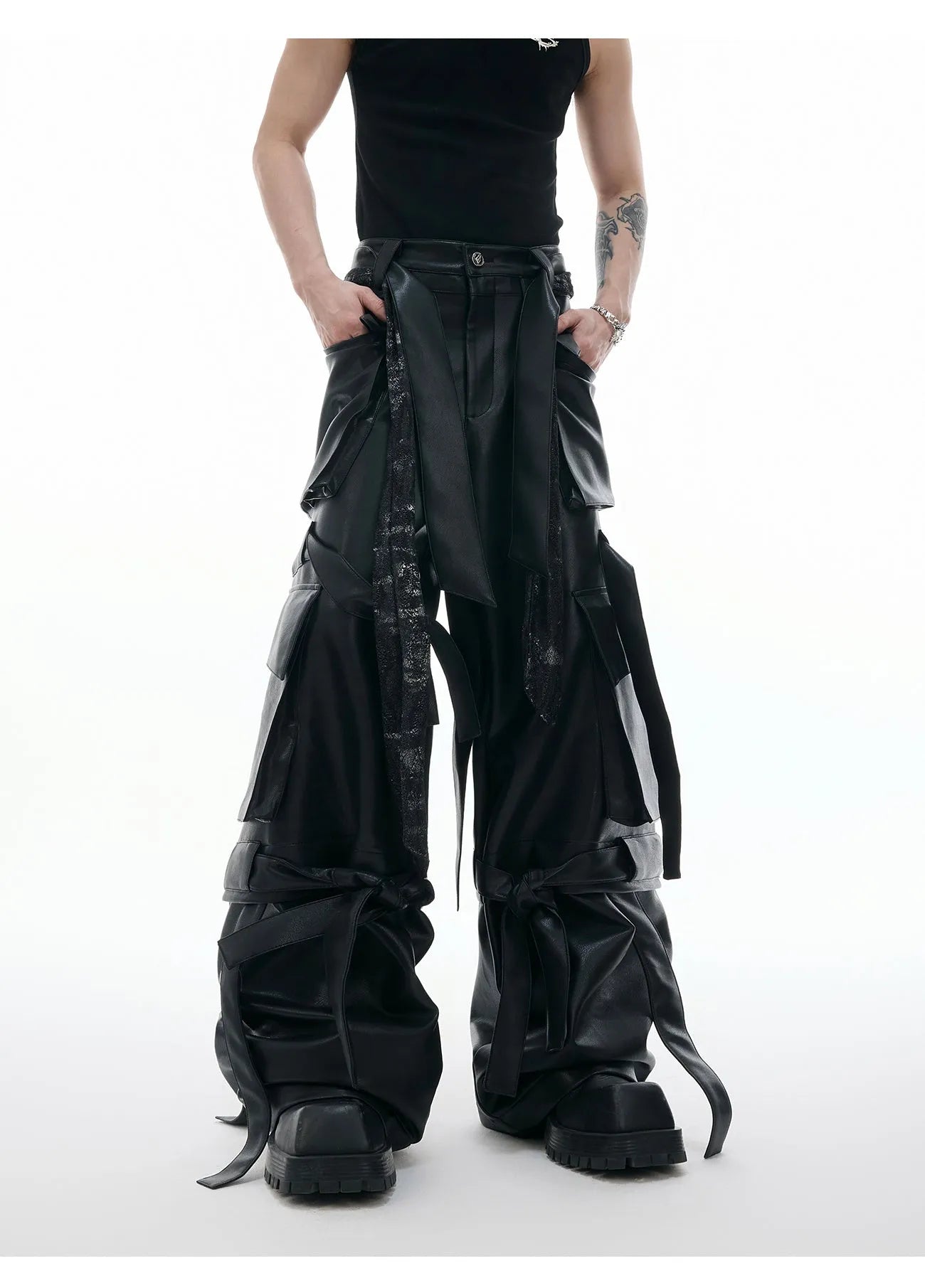 Black loose fit retro-style trousers with quilted stitching and multiple pockets
