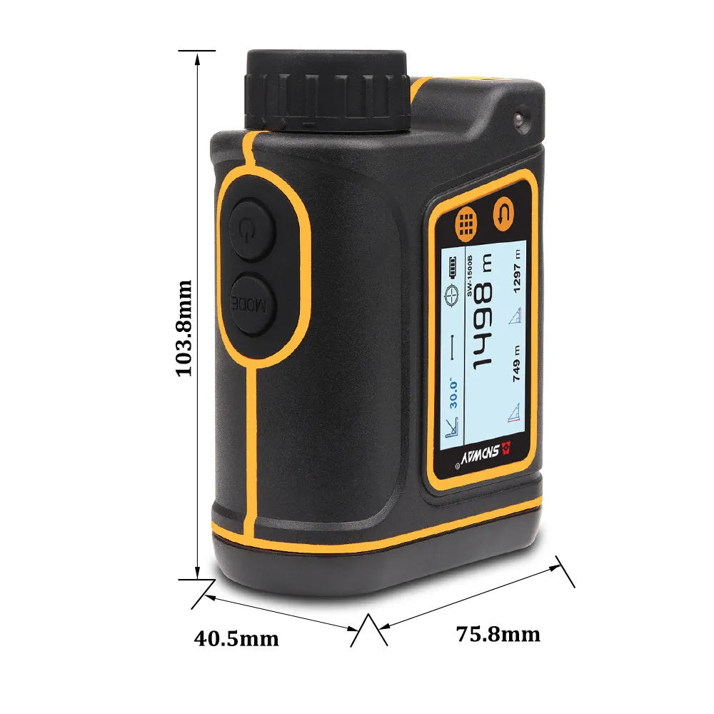 SW series handheld golf laser rangefinder on a green, showing compact size and display.