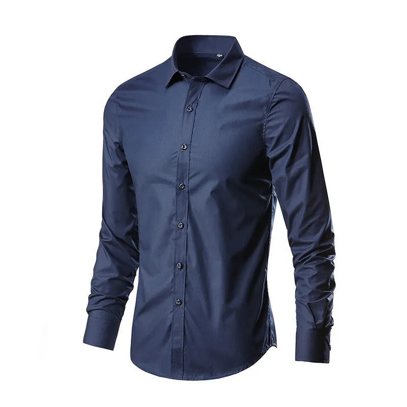 Man wearing a linen long sleeve slim fit shirt in a choice of 18 colours, showing the relaxed fit and sleeve detail.