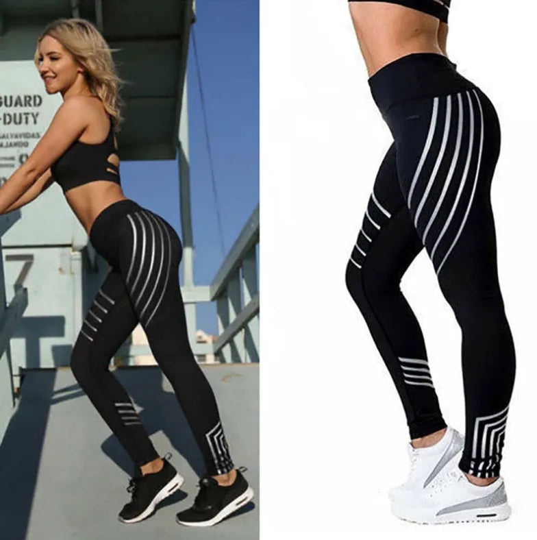 Women's black and white milk silk fitness leggings with glowing print patterns, slim fit full-length design.