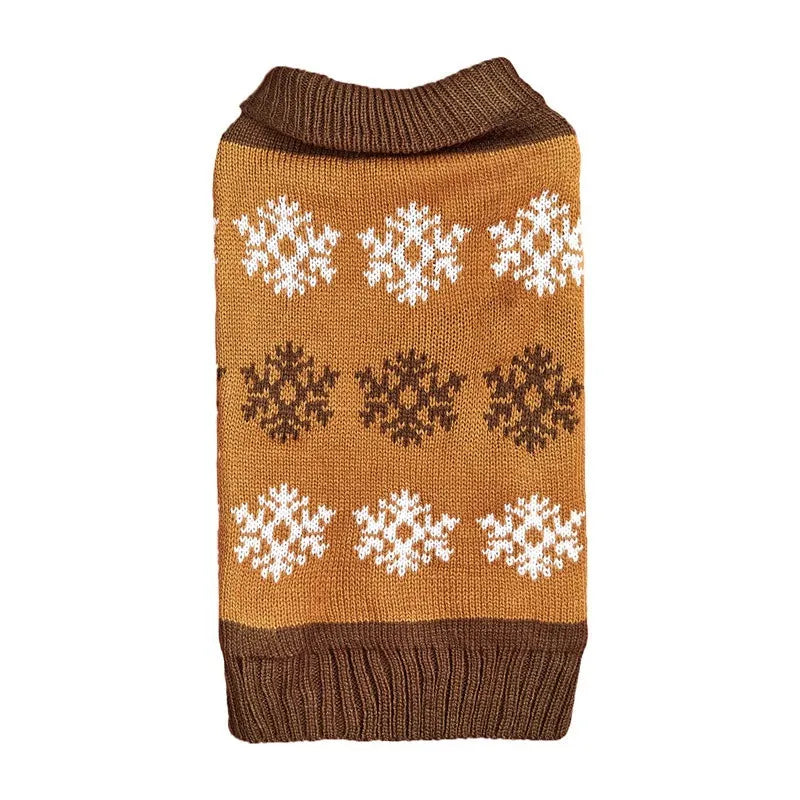Dark brown and grey knitted dog sweater with snowflake patterns, size label shown.