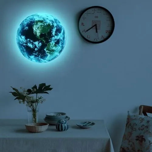 Glow in the dark 3D Earth planet wall sticker in 10cm, 20cm, and 30cm diameter sizes.