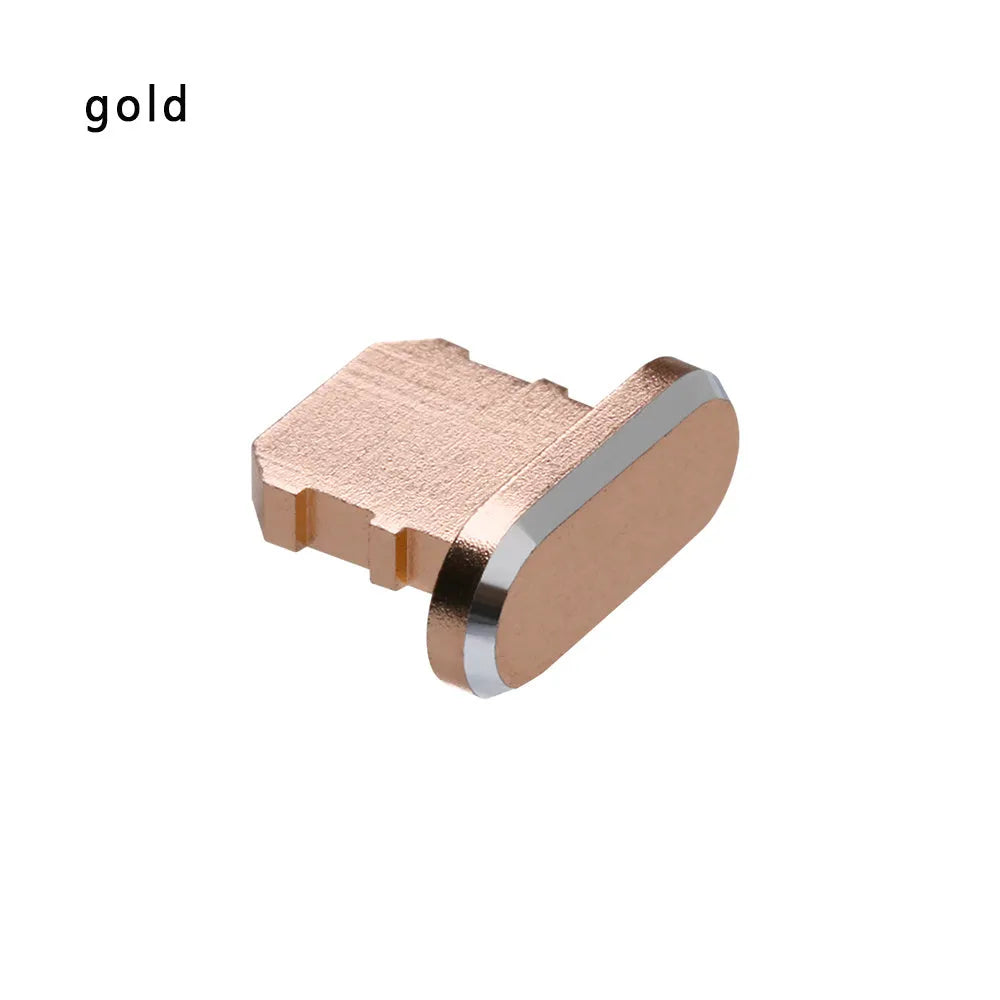 Aluminium alloy mobile phone charging port dust plug for iPhones, shown in rose gold colour.