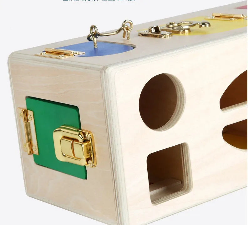 Wooden shape sorter lock box with 12 eco-friendly non-toxic pieces for preschool learning