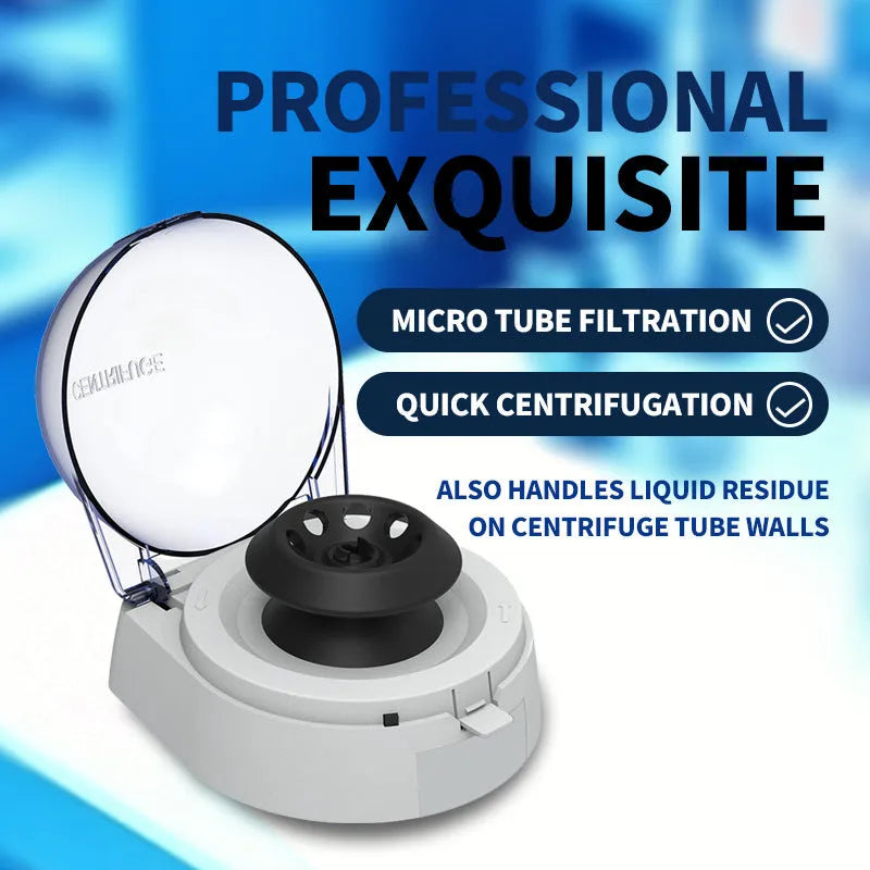 Compact mini laboratory centrifuge on benchtop showing 157mm width and 170mm height dimensions