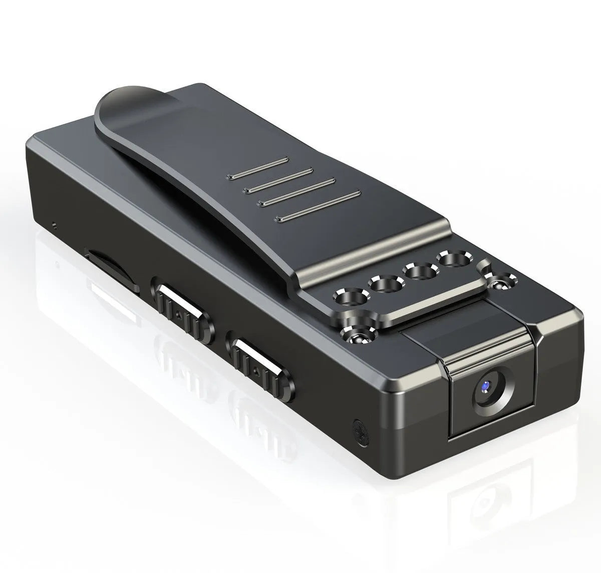 Black 1080p HD DV home camera with 90‑degree rotation on a flat surface.
