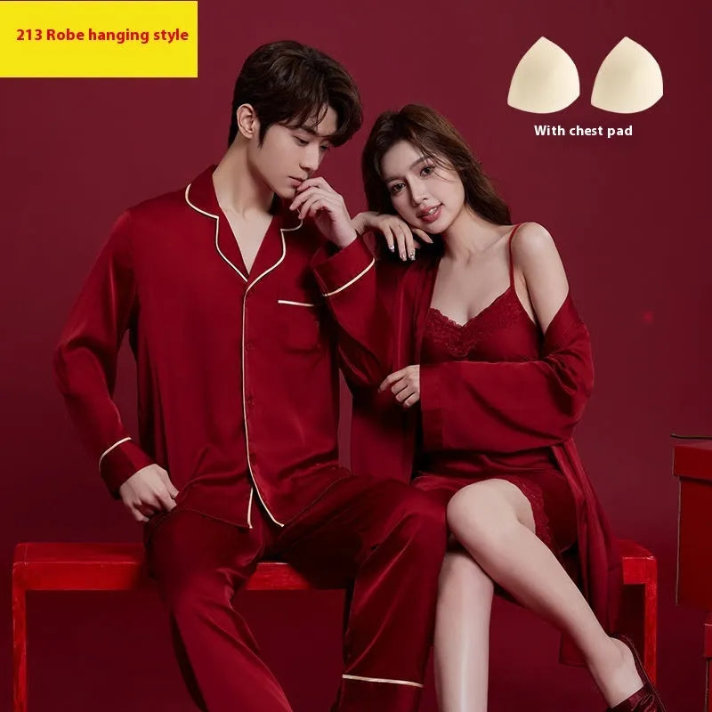 Red long sleeve polyester pyjama set for men and women on hangers