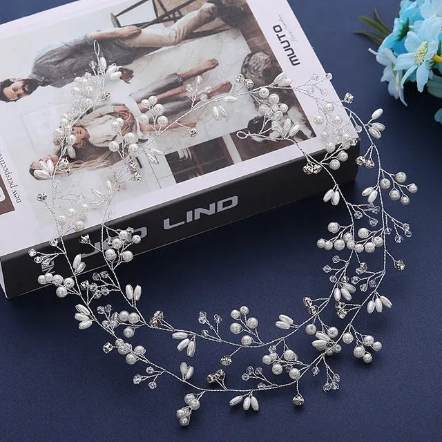 Gold crystal and pearl wedding hair band made with colour-preserving wire, shown at 50cm length.