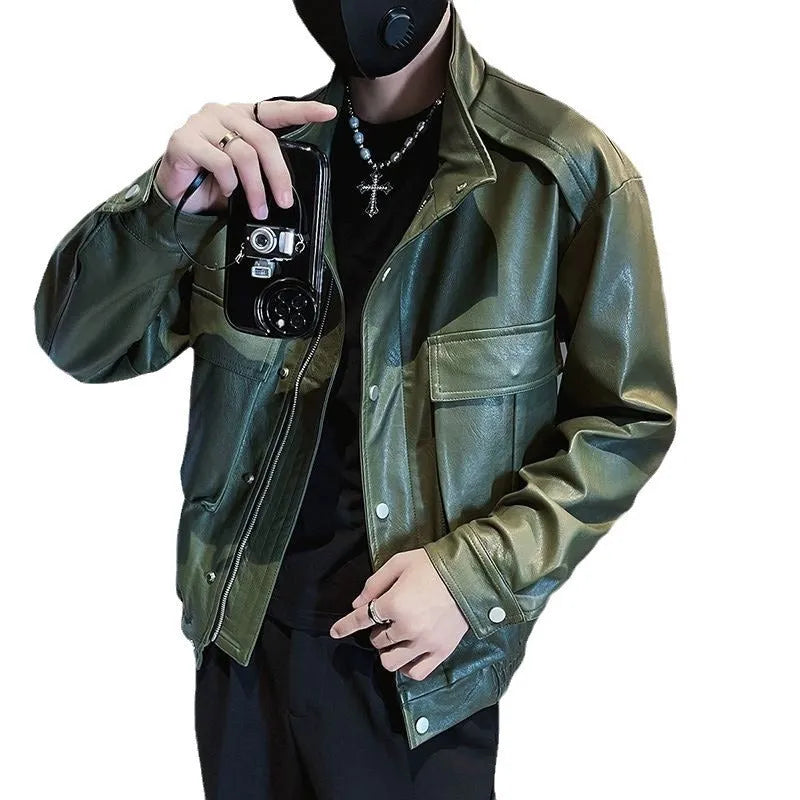 Korean style black PU leather pilot jacket with straight hem design for men