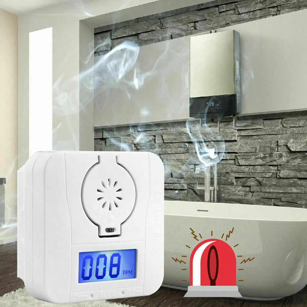 White wall-mounted wireless carbon monoxide alarm for detecting coal stove gas.
