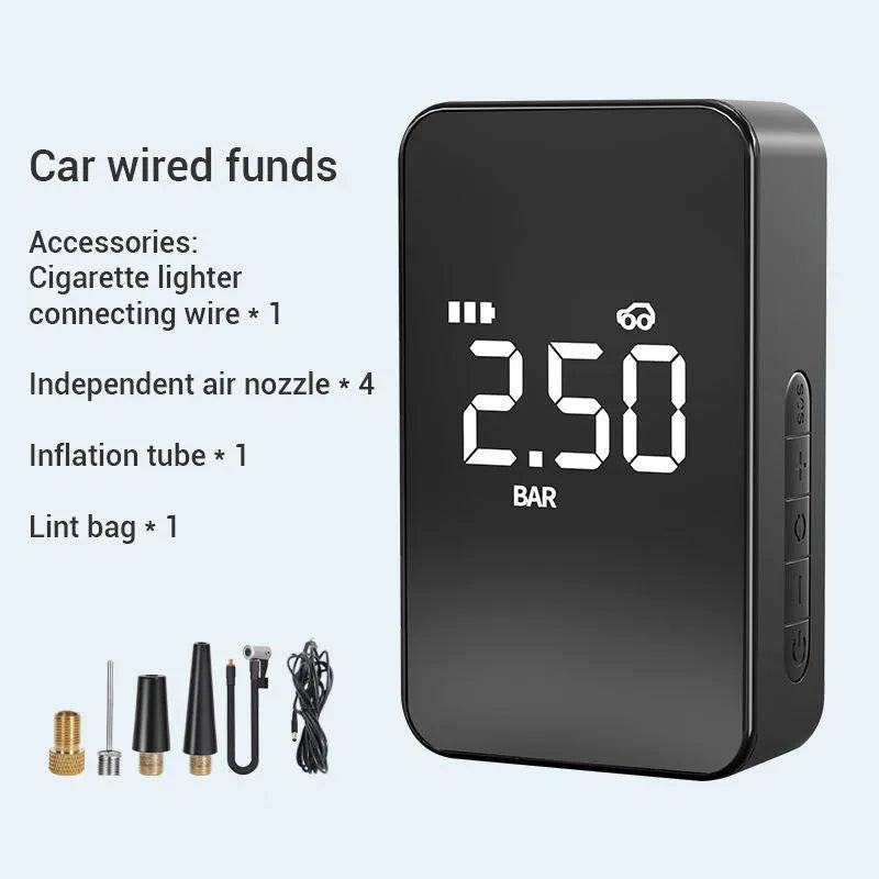 Small black wireless digital tyre inflator pump with a screen, showing 140psi max pressure